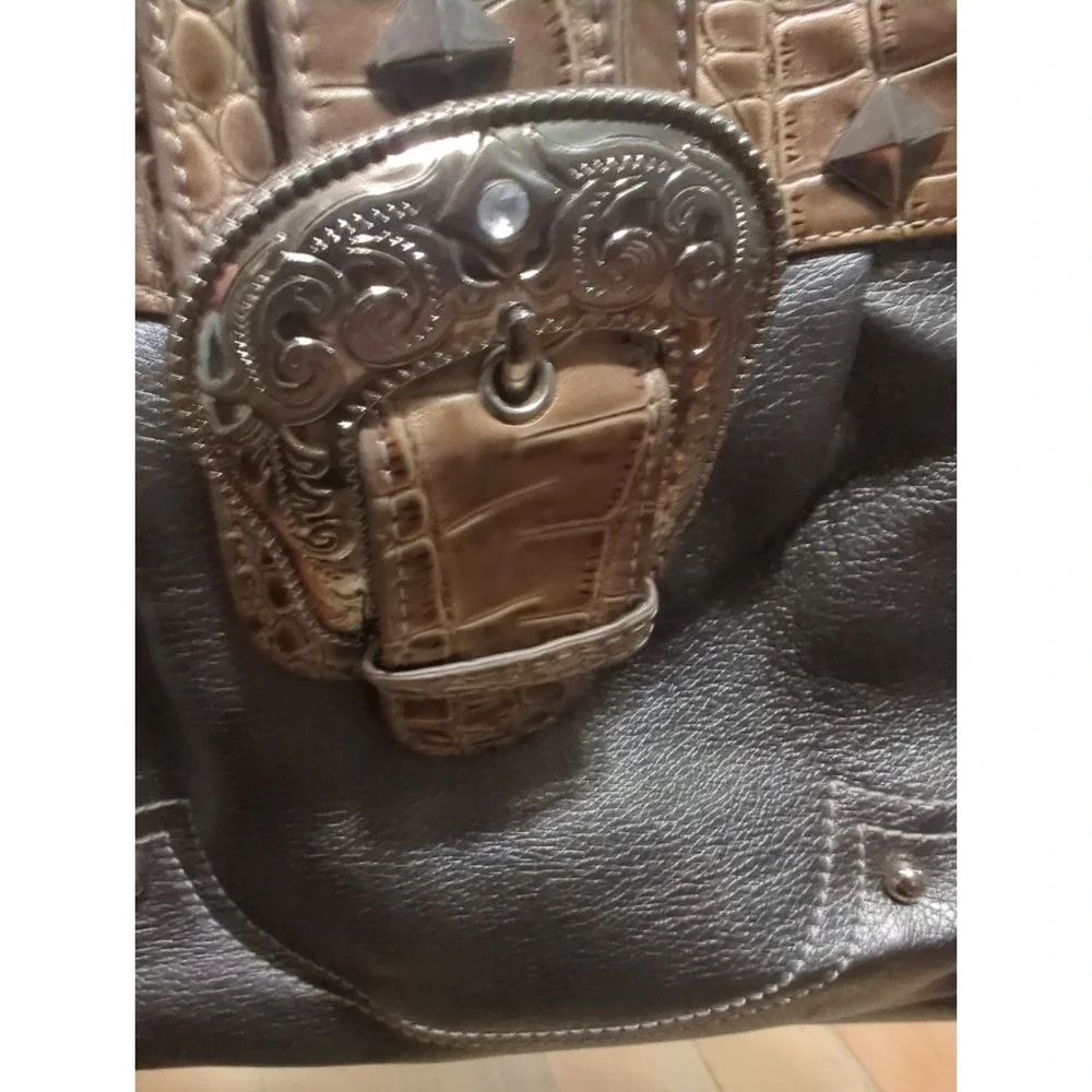 Vtg Y2K Lou-Ella Silver Croc Satchel Bag Studded Buckle Moto Boho slouchy Bling